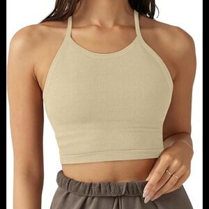 LASLULU Ribbed‎ Halter Crop Tank Top Cream Beige Seamless Workout Athleisure S